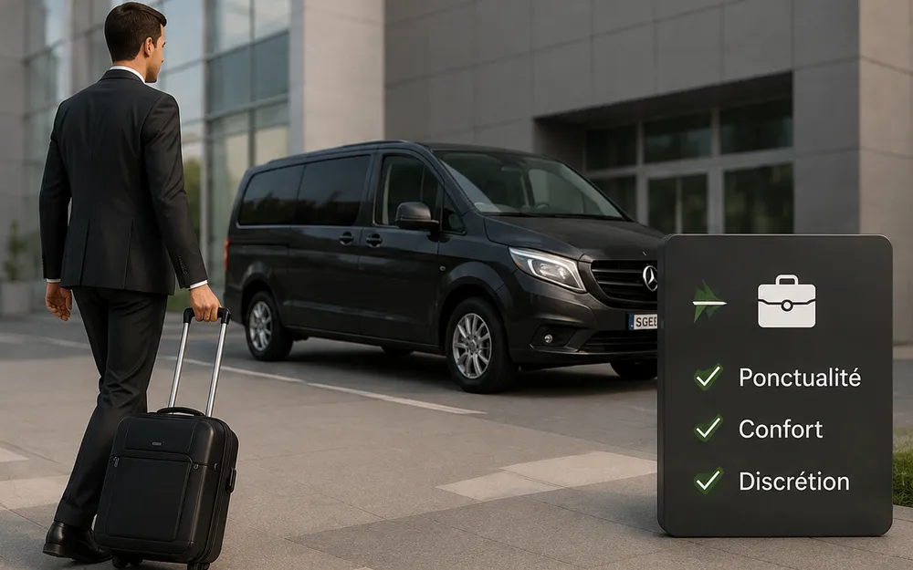 Un voyageur d'affaires rejoint son véhicule Easy Mobility devant un immeuble de bureaux