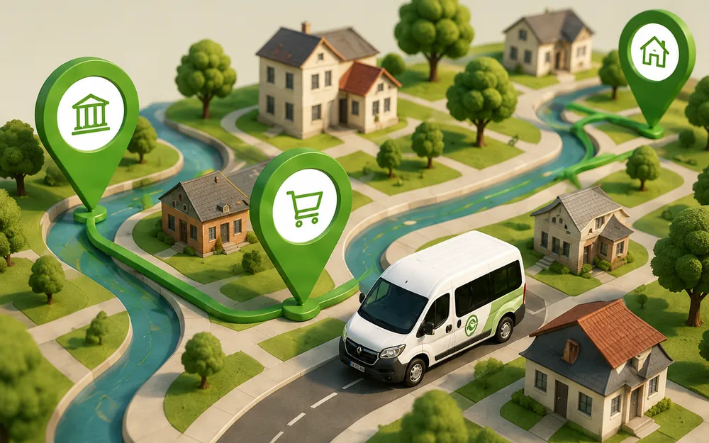 Vue illustrée d'un territoire rural desservi par Easy Mobility, reliant mairie, commerces et habitations