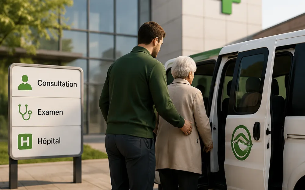 Un chauffeur Easy Mobility accompagne une passagère âgée jusqu'au véhicule devant un centre médical