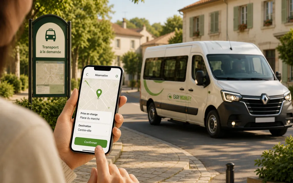 Une passagère réserve son trajet sur son téléphone devant un minibus Easy Mobility, à un arrêt de transport à la demande