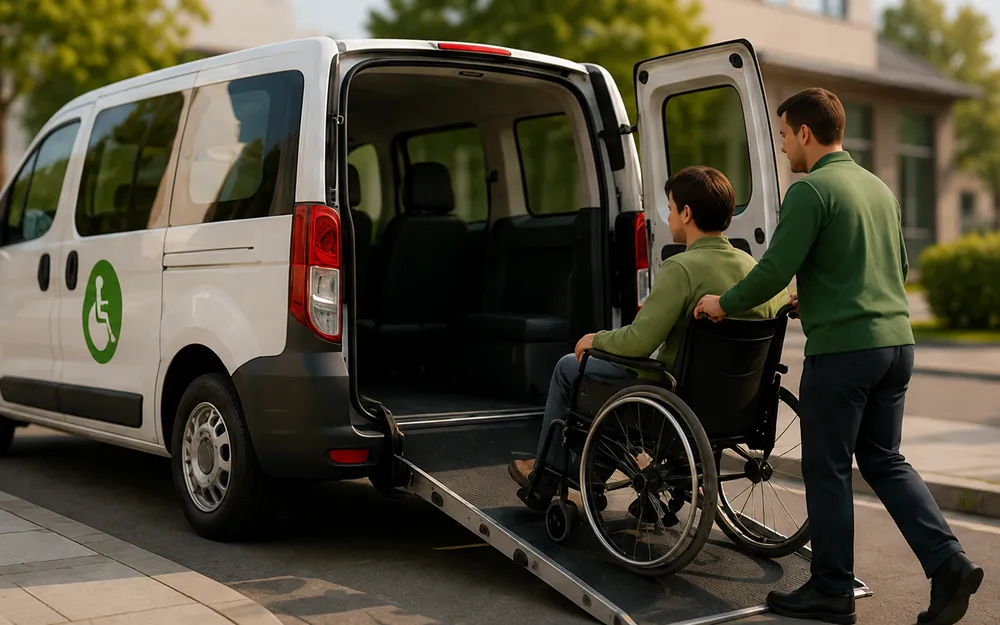 Un chauffeur Easy Mobility installe un passager en fauteuil roulant dans un véhicule adapté par une rampe d'accès