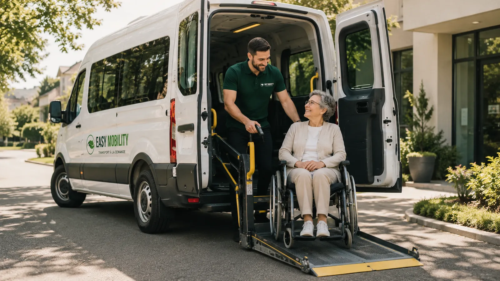 Un chauffeur Easy Mobility accompagne une passagère en fauteuil roulant à bord d’un véhicule adapté TPMR