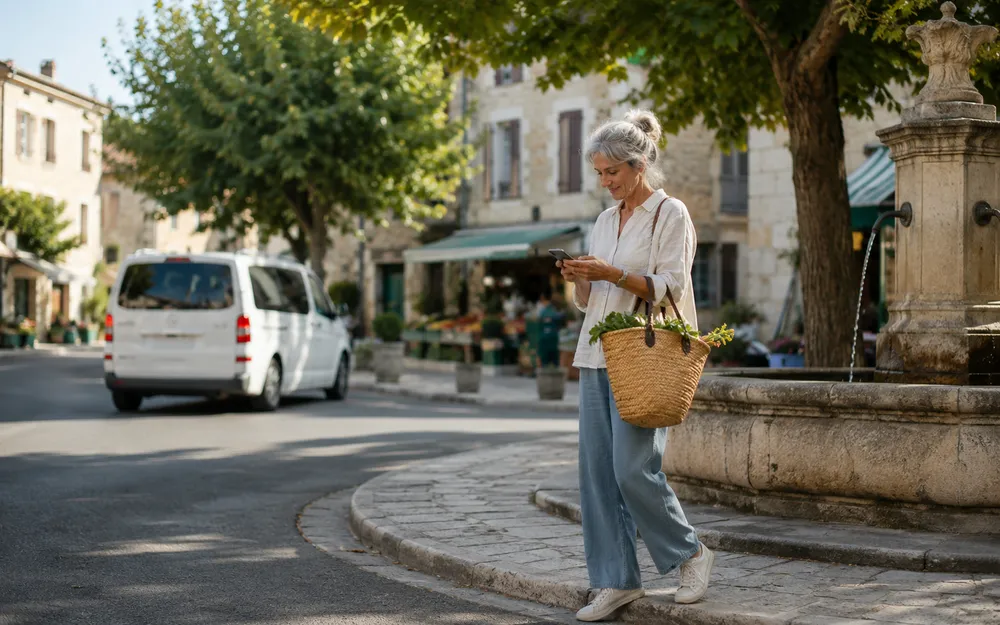 Une habitante consulte son téléphone sur la place d’un village, un minibus Easy Mobility passant à proximité