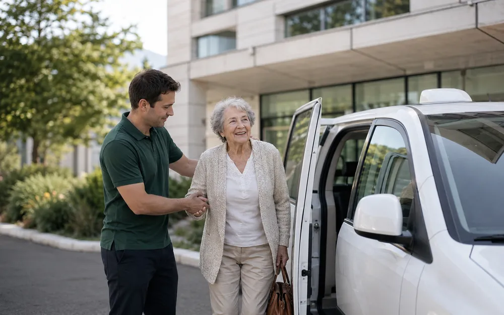 Un chauffeur Easy Mobility aide une passagère âgée à monter dans le véhicule devant un établissement de santé