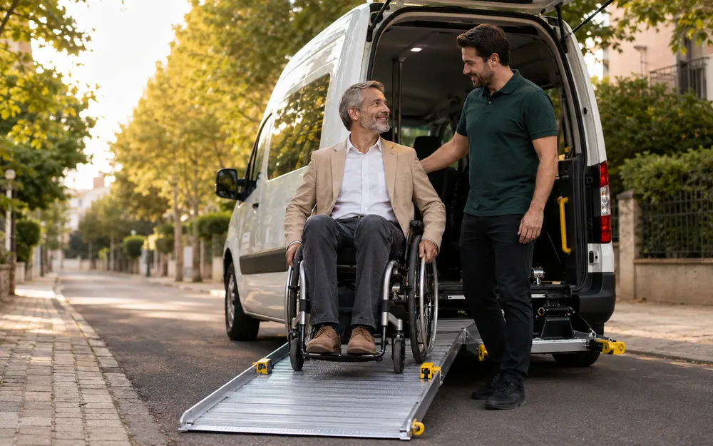 Un passager en fauteuil roulant embarque par la rampe d’accès d’un véhicule adapté, accompagné par son chauffeur
